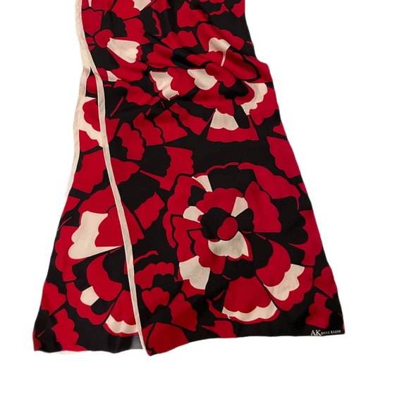 Anne Klein silk scarf in red and black floral. Oblong shape 14 by 60 inches. - Picture 6 of 6